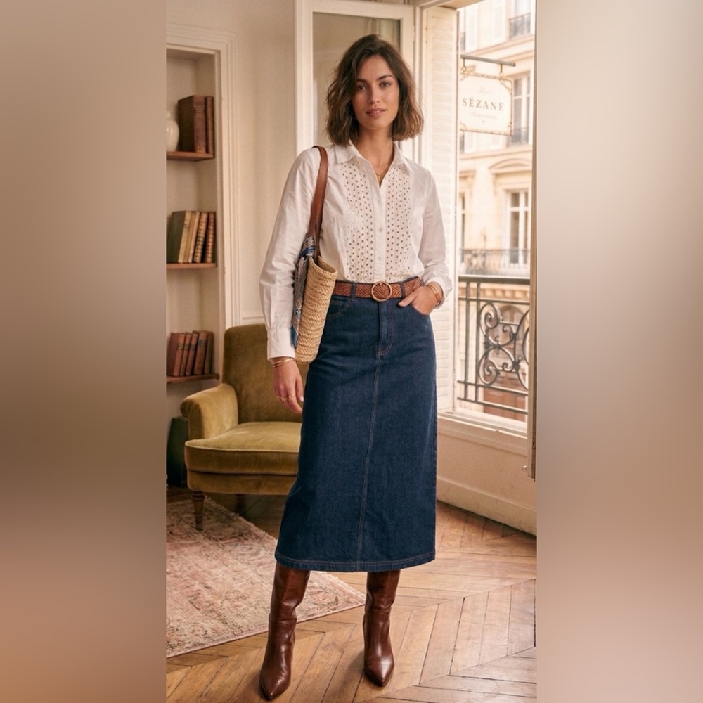 2PC Bundle: Vintage Denim Midi Skirt+Boden Eyelet Shirt | Sézane Aesthetic. Sz S
